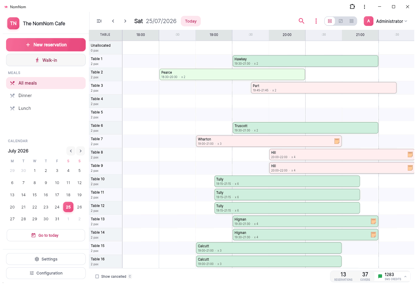 NomNom Web in a desktop browser — the evening's reservations laid out on a table-by-time timeline, with the meal filter and calendar down the side